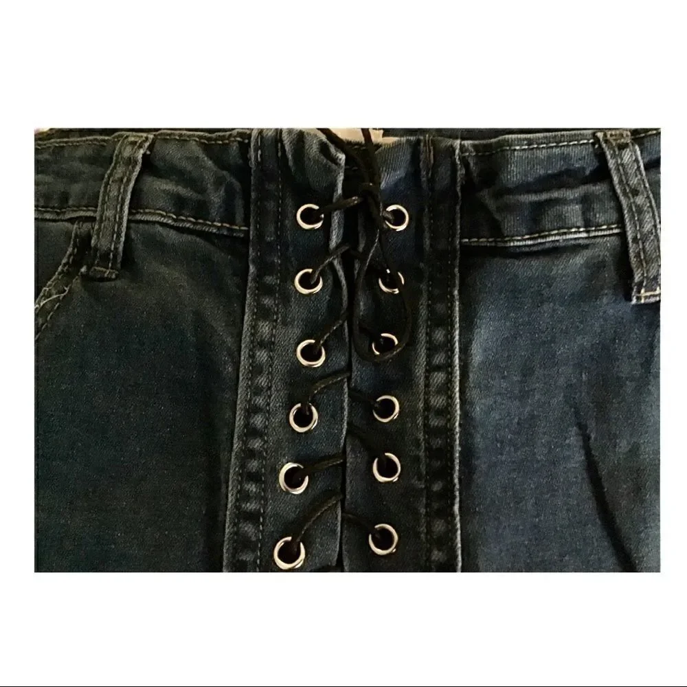 High Waisted Denim Lace Up Bell Bottom Jea… - Picture 8 of 8